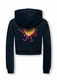 Navy cropped hoodie with a drawstring, featuring a gold heart graphic surrounded by pink rays on the back. Smooth fabric texture.