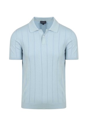 Lichtblauwe polo met korte mouwen en verticale stikdetails. Klassieke kraag en knoopsluiting. Geribbelde zoom en manchetten.