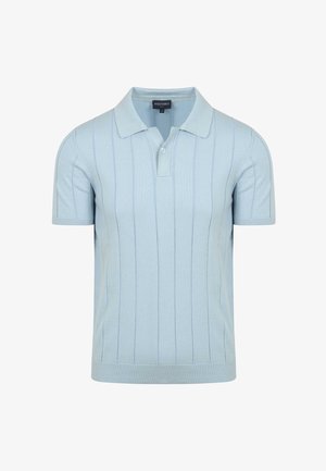 Light blue short-sleeve polo shirt with vertical stitch detailing. Classic collar and button placket. Ribbed hem and cuffs.