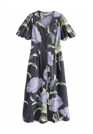 Robe midi noire boutonnée avec manches bouffantes et grand imprimé floral violet clair et feuilles vertes.
