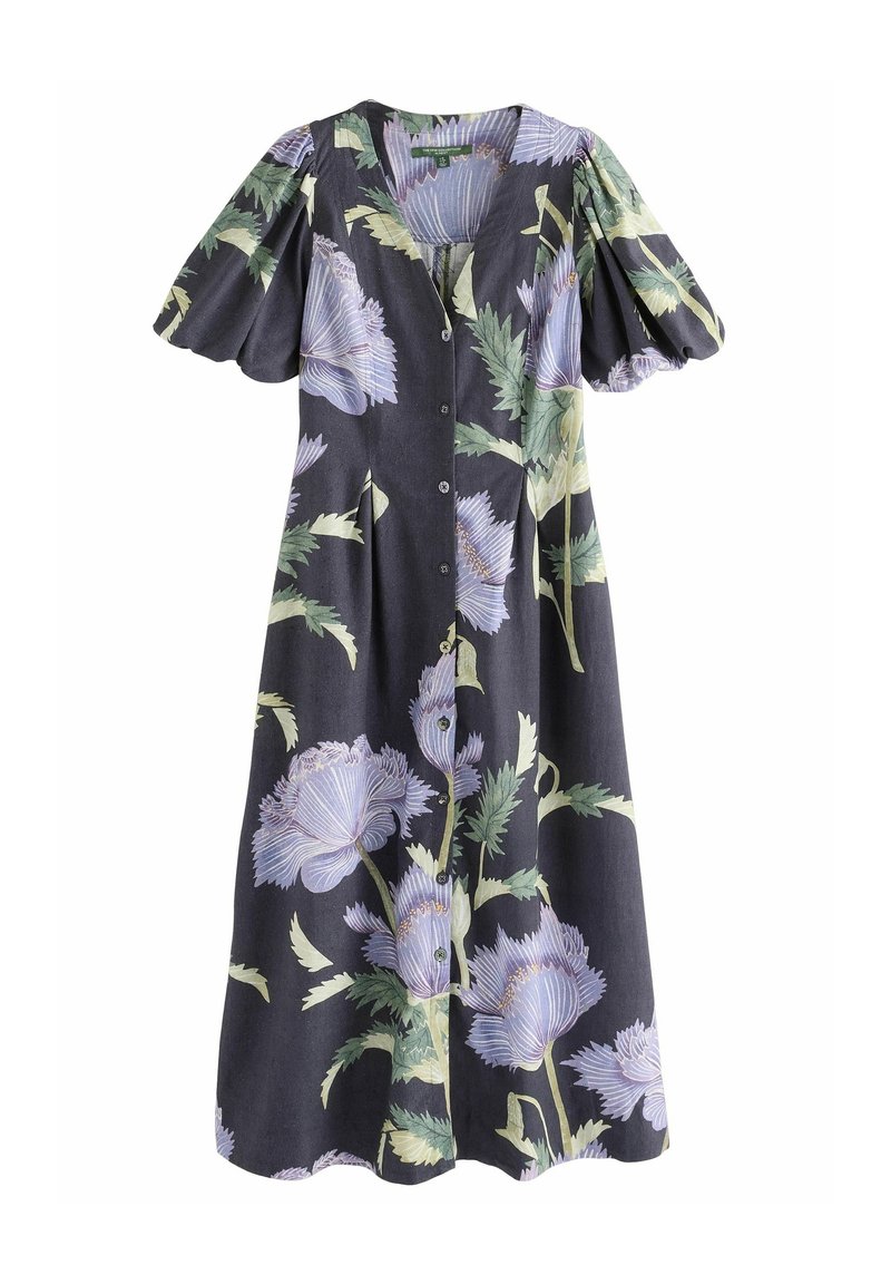 Robe midi noire boutonnée avec manches bouffantes et grand imprimé floral violet clair et feuilles vertes.
