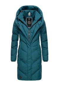 Teal puffer coat with a large hood, front zipper, and diagonal quilted pattern. Includes brown leather accents and a soft interior lining.