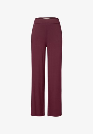 Bordeaux bredde benbukser lavet af blødt stof med en strækbar talje, der har et enkelt design uden synlige mønstre eller udsmykninger.