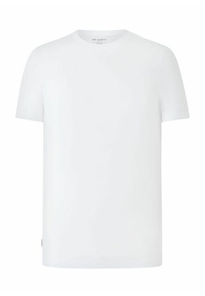 White short-sleeve crew neck T-shirt with a small brand tag on the bottom left side and a printed inner neck label.