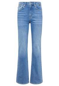 Jean en denim bleu clair taille haute avec légère décoloration et design à jambes évasées, doté de poches avant et de passants pour ceinture.
