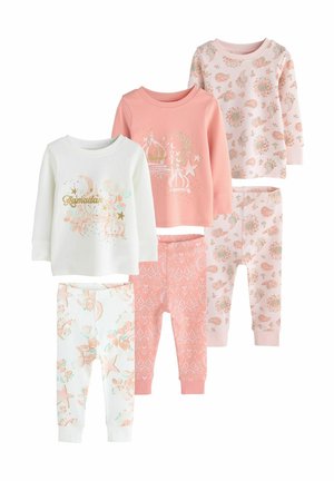 Set aus fünf Kinderbekleidungsstücken, darunter zwei Langarmoberteile und drei Hosen. Farben: Pink, Weiß. Muster: Floral, Ramadan-Grafik.