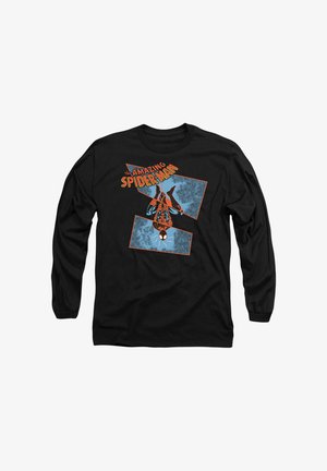 Black long-sleeve t-shirt featuring a graphic of Spider-Man against a blue background with orange text stating "The Amazing Spider-Man."