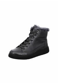 Graue Leder-Hochschnitt-Sneaker mit Kunstfellkragen, runder Zehenform und schwarzer Gummisohle. Verfügt über flache Schnürsenkel und metallische Ösen.