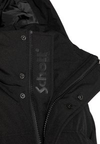 Sort jakke med lynlåslukning foran, trykknapper og logo-broderi. Tekstureret stof med en glat foring og hætte.