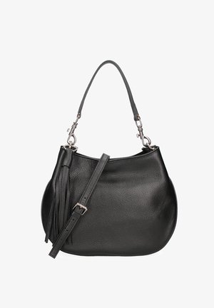 Sac bandoulière en cuir noir avec bandoulière amovible, ferrures ton argent et pompon décoratif sur fond blanc.