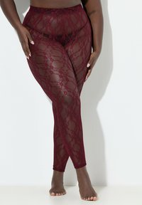 Bordowe koronkowe legginsy z przezroczystym wykończeniem, ozdobione kwiatowym wzorem i wysokim paskiem. Teksturowana tkanina o gładkim dotyku.