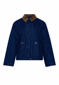 Pamučna jakna u tamnoplavoj boji s smešnim kožnim ovratnikom. Ima prednji zatvarač, dva džepa na grudima s kopčama na dugme i skraćeni kroj.