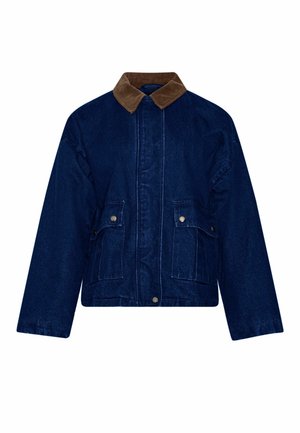 Tamsiai mėlynas džinsinis švarkas su rudomis štrichuoto audinio apykakle. Jis turi priekines užtrauktuko užsegimo detales, dvi krūtininės kišenes su spaudėmis ir trumpą dizainą.