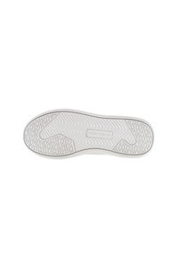Suela de zapato de goma blanca con un patrón de espiga texturizado y un acento circular. Presenta un logotipo rectangular en el centro.