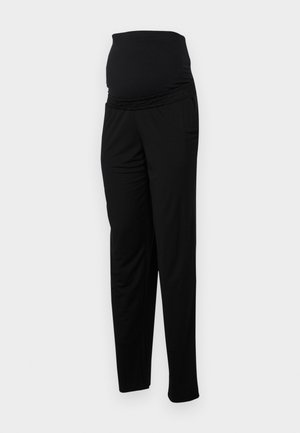 Black maternity pants made of soft fabric, featuring a wide stretchy waistband, relaxed fit, and two side pockets for functionality.