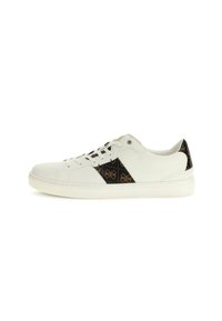 Zapatilla de cuero blanca con acentos negros en patrón y suela plana de goma blanca. Presenta un diseño de cordones y una puntera reforzada.