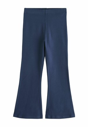 Marineblaue ausgestellte Hose mit elastischem Bund, aus glattem, elastischem Stoff gefertigt.
