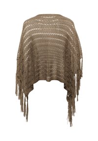 Châle en crochet brun avec un design à mailles ouvertes, des bords frangés et une silhouette ample et drapée. Parfait pour le superposition.
