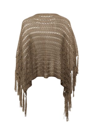 Brown crochet shawl featuring an open weave design, fringed edges, and a loose, draped silhouette. Perfect for layering.