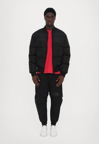 Black puffer jacket with front zip and elastic cuffs, red t-shirt, black cargo pants with pockets, and white sneakers. Simple design.