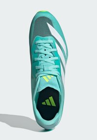 Aqua athletic shoe with a mesh upper, white stripes, and neon yellow accents. Features laces and a padded collar for comfort.