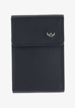 Schwarze Lederbrieftasche mit abgesteppten Kanten und einem kleinen silbernen Wikingerhelm-Emblem in der oberen rechten Ecke der Klappe.