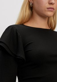 Black ribbed long-sleeve top featuring puffed sleeves, round neckline, and smooth texture, with a close-up view of shoulder and sleeve detail.