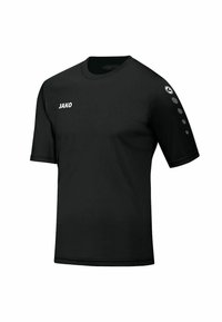 Schwarzes Sport-T-Shirt mit kurzen Ärmeln aus leichtem Material, mit einem weißen "JAKO"-Logo auf der Brust und einem kreisförmigen Muster am Ärmel.