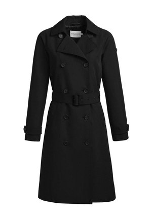 Sort dobbeltradet trenchcoat med brede revers, taljebælte med spænde, knaplukninger på ærmerne og midt-lang skørt.