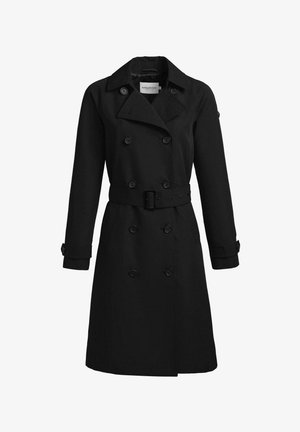 Sort, dobbelspent trenchcoat med brede slag, belte med spenne i midjen, knapping på mansjettene og midjelang lengde.