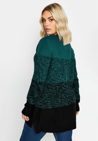 Sweter wełniany z gradientowym wzorem przechodzącym od ciemnej zieleni do czerni, z prążkowanymi mankietami i dolnym wykończeniem, miękką teksturą oraz długimi rękawami.