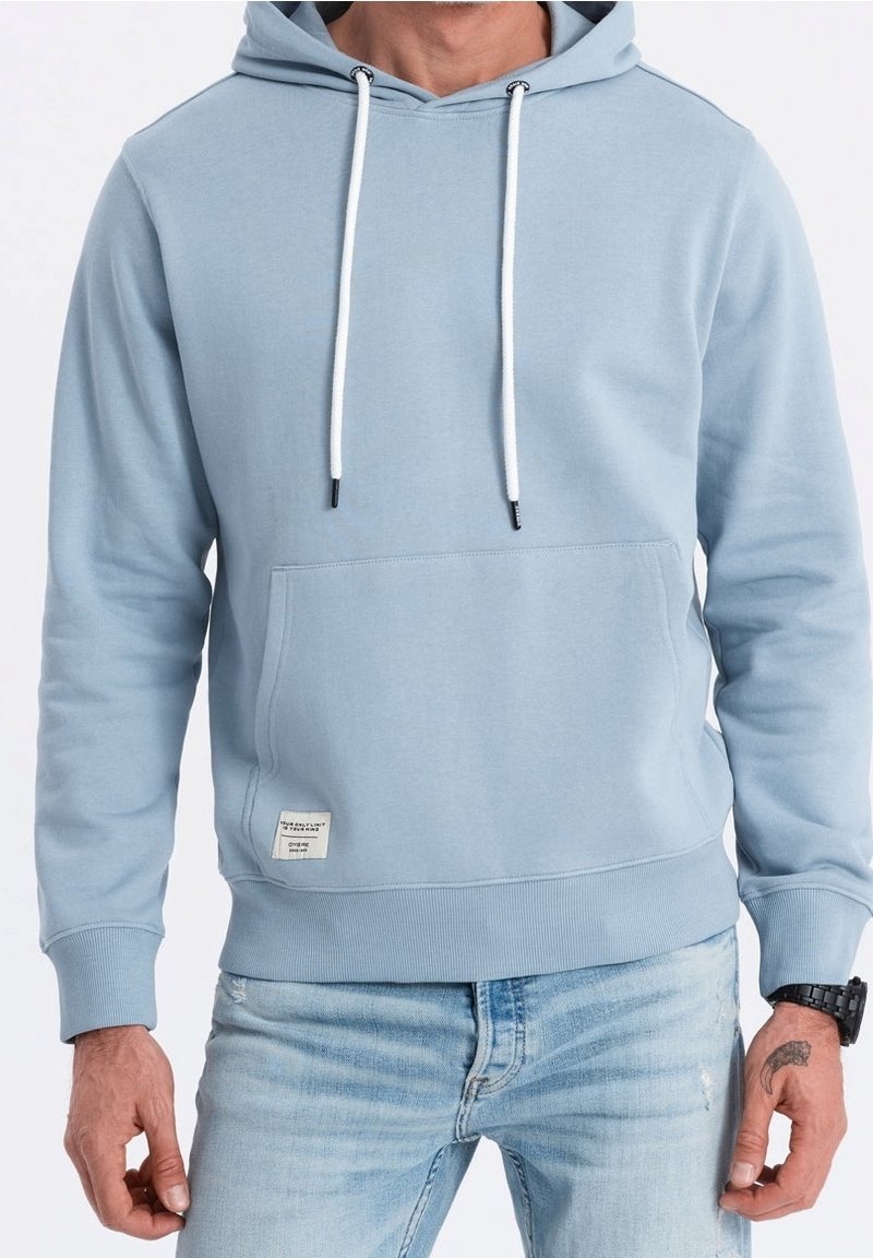 Ljusblå hoodie i blandning av bomull, med en framficka, snoddar med svarta aglets och ribbade ärmslut och nederdel.