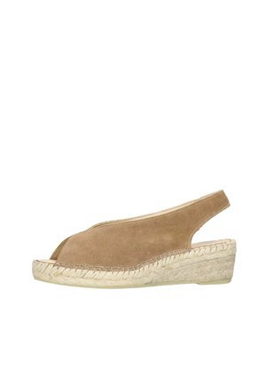 Beige Wildleder-Keilabsatz-Sandale mit Peeptoe und geflochtener Jutsohle, mit offenem Fersenbereich und Slingback-Riemen.