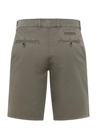 Pantaloni corti khaki, in misto cotone, vita media, davanti piatto, due tasche posteriori con chiusura a bottone, dettagli cuciti e orlo pulito.