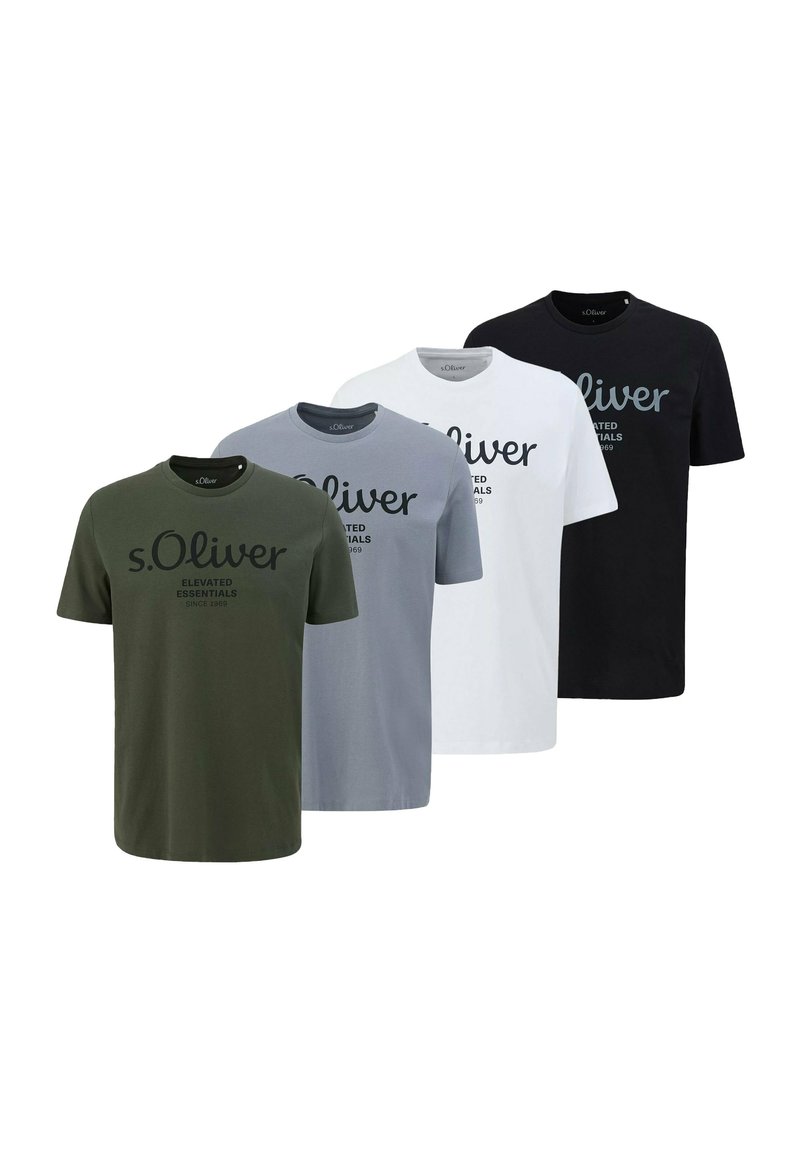 Cztery koszulki T-shirt w kolorach zielonym, szarym, białym i czarnym. Każda ma okrągły dekolt, krótkie rękawy i na przodzie znajduje się nadrukowana nazwa marki.