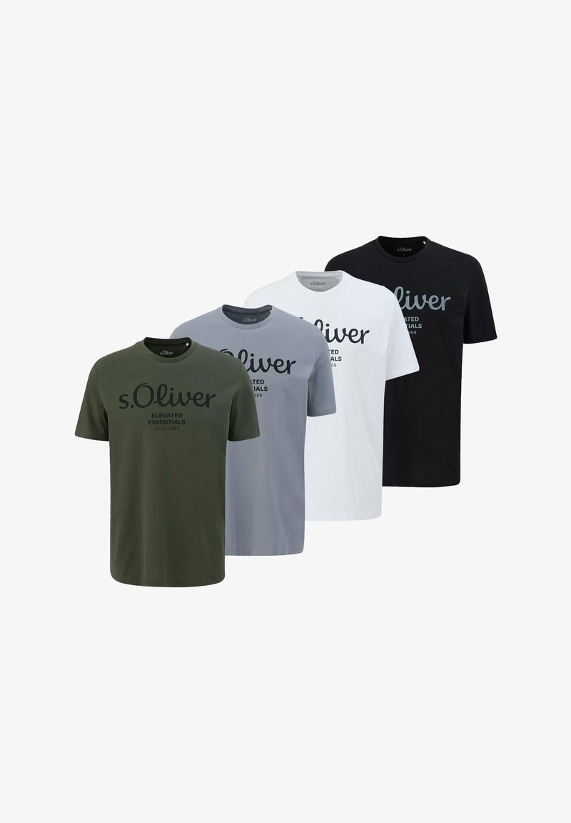 Cztery koszulki T-shirt w kolorach zielonym, szarym, białym i czarnym. Każda ma okrągły dekolt, krótkie rękawy i na przodzie znajduje się nadrukowana nazwa marki.