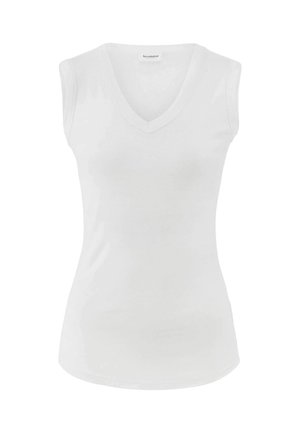 Weißes, ärmelloses V-Ausschnitt-Top aus glattem Stoff, mit taillierter Form und minimalen Nähten, geeignet zum Schichten oder für legere Anlässe.