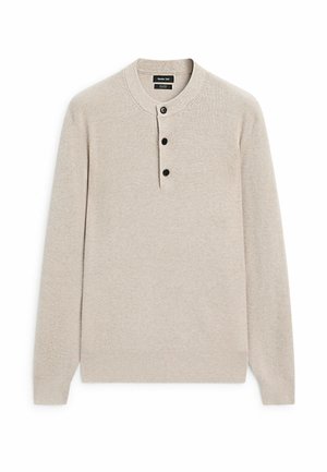 Béžový žebrovaný pletený svetr s dlouhými rukávy a kulatým výstřihem, který má rozparek se třemi knoflíky.