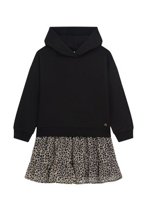 Black hooded sweatshirt dress with long sleeves and a tiered beige skirt featuring a small black heart pattern.