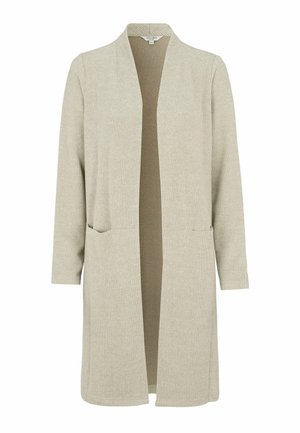 Licht beige geribde cardigan met een sjaalkraag, open voorkant en twee voorzakken. Zachte textuur en lange, rechte mouwen.