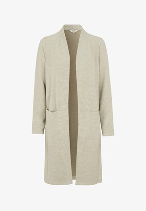 Vaaleanbeige ribattu neuletakki, jossa on huppukaulus, auki oleva etuosa ja kaksi etutaskua. Pehmeä kangas ja pitkät, suorat hihat.