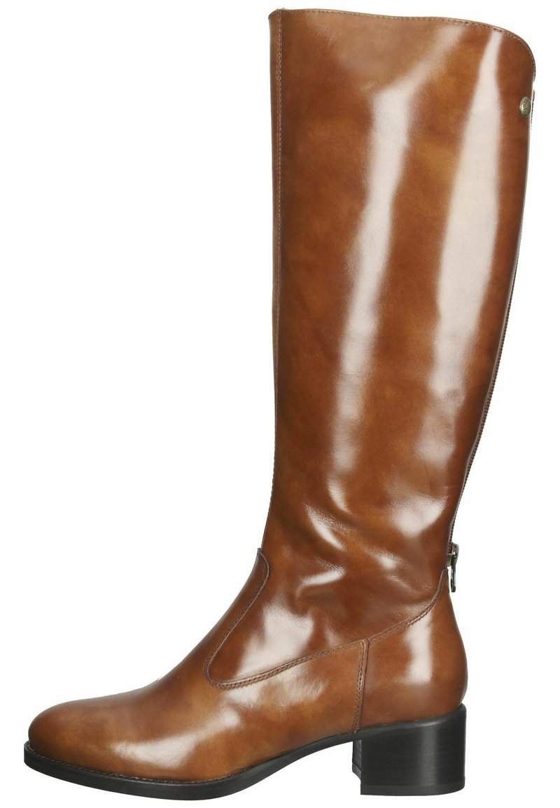 Bottes en cuir brun, hauteur genou, avec un bout rond, finition brillante, fermeture éclair sur le côté et un talon épais.