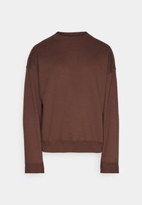 Sudadera marrón de manga larga con cuello redondo, corte relajado, puños y dobladillo acanalados. Textura suave, diseño minimalista, sin patrones.