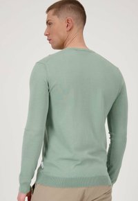 Maglione a maglia verde menta con scollatura a girocollo, maniche lunghe e polsini a coste, caratterizzato da un design aderente e una consistenza liscia.