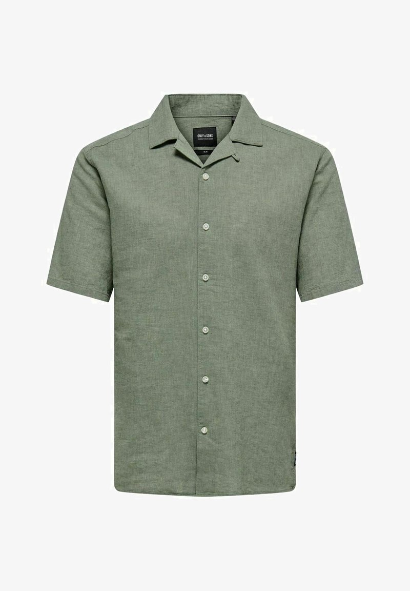 Short-sleeve, button-up shirt in a muted green linen blend. Features a classic collar and front placket with light buttons. Smooth texture.