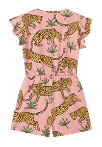 Tuta rosa a maniche corte con motivo leopardato e dettagli in verde delle piante, dotata di vita elastica e vestibilità rilassata.