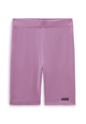 Shorts violets unis jusqu'au genou avec un logo Vans noir sur la partie inférieure de la jambe gauche et une large ceinture.