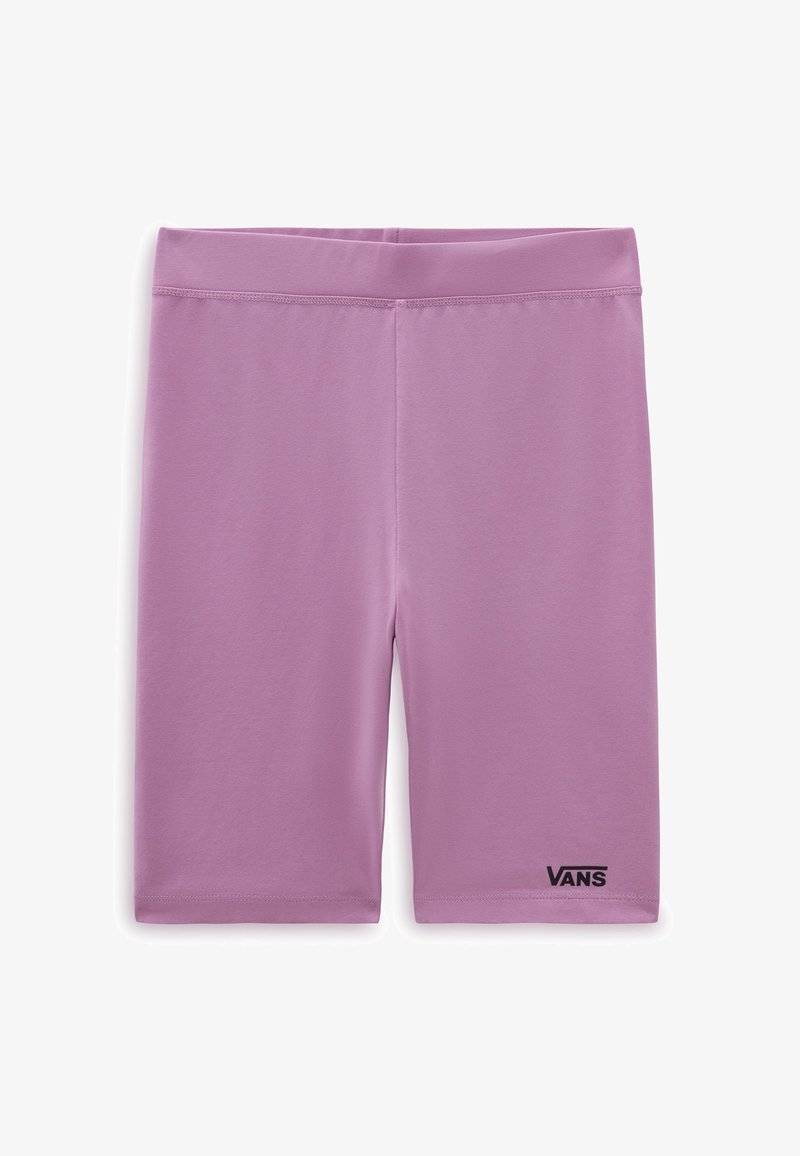 Shorts violets unis jusqu'au genou avec un logo Vans noir sur la partie inférieure de la jambe gauche et une large ceinture.