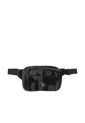 Black and dark gray fleece-textured waist bag with front zipper pocket and adjustable black strap with buckle.