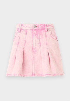 Pink denim skirt with pleats, a button and zipper closure, five pockets, and decorative stitching. Distressed texture in a light shade.